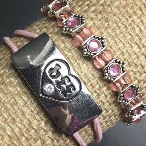 Pink Silver Bracelet Lot bff Heart Rhinestone Elastic Cord Friendship Retro